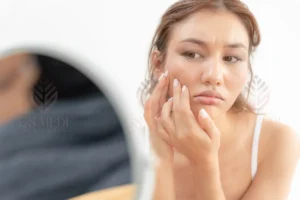 Phụ nữ trẻ lo lắng quan sát dấu hiệu lão hóa da trên khuôn mặt trước gương